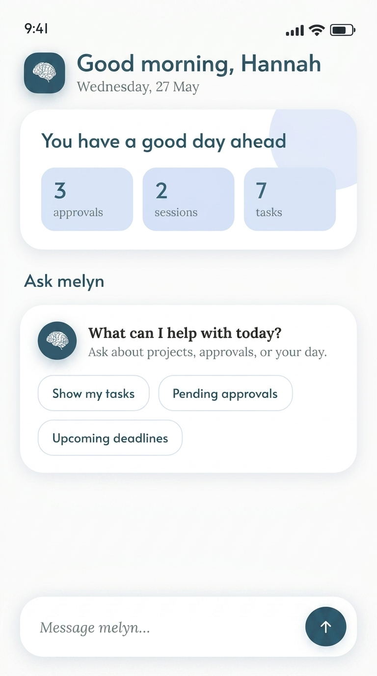 melyn mobile app home with the Ask melyn chat