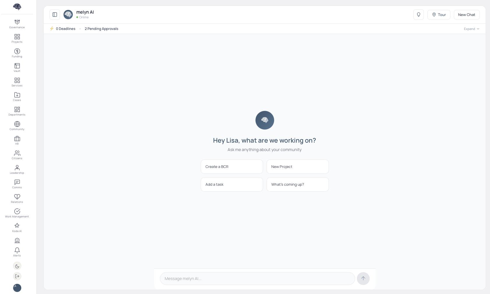 melyn AI workspace — Hey Lisa, what are we working on?